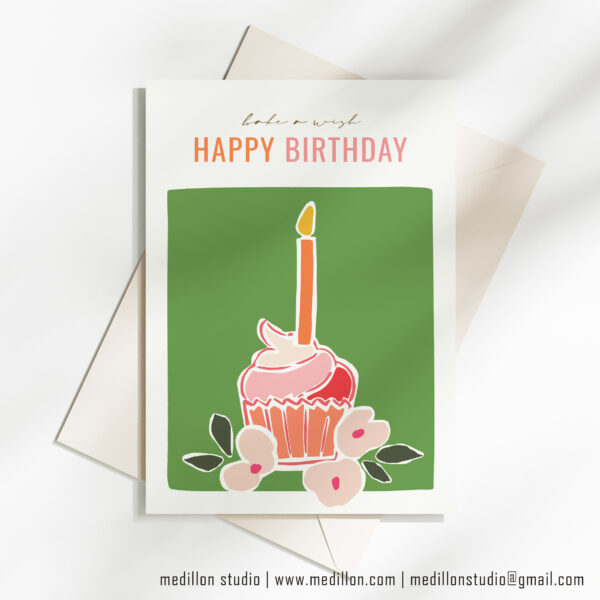 Cupcake Candle Bake A Wish - Birthday Card (Green)