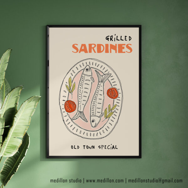 Grilled Sardines Old Town Special Poster- Retro Coastal Kitchen Wall Art- Seafood Platter Print- Contemporary Vintage Dining Rm Decor OPT 2