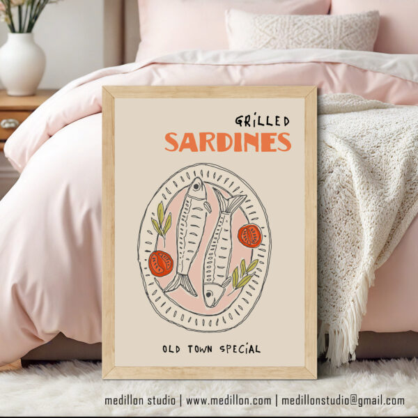 Grilled Sardines Old Town Special Poster- Retro Coastal Kitchen Wall Art- Seafood Platter Print- Contemporary Vintage Dining Rm Decor OPT 2 - Image 3