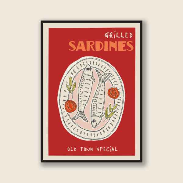 Grilled Sardines Old Town Special Poster | Retro Coastal Kitchen Wall Art | Seafood Platter Print | Contemporary Vintage Dining Room Decor