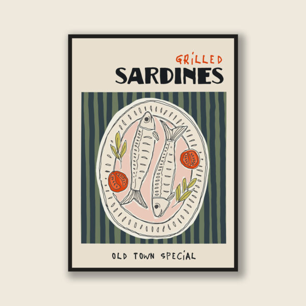Grilled Sardines Old Town Special Poster- Retro Coastal Kitchen Wall Art- Seafood Platter Print- Contemporary Vintage Dining Rm Decor OPT 3