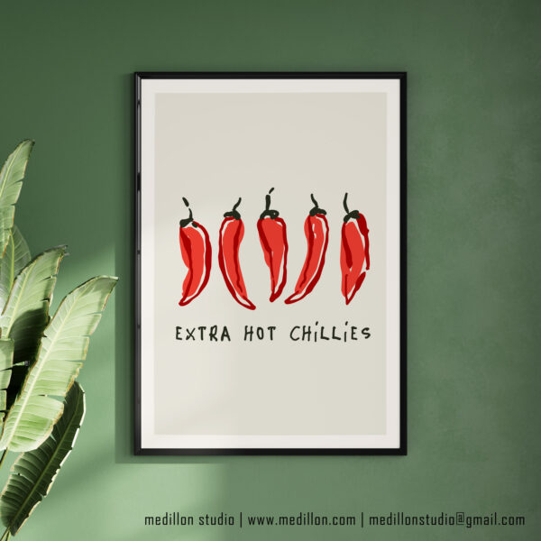 Extra Hot Red Chillies Retro Art Print | Vibrant Kitchen Poster | Bold Mid-Century Print | Gift for Chefs, Foodies and Spice Fans Opt 1 Red