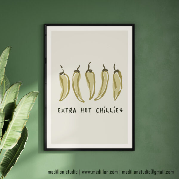 Extra Hot Chillies Retro Art Print | Vibrant Kitchen Poster | Bold Mid-Century Print | Gift for Chefs, Foodies and Spice Fans Opt 1 Green