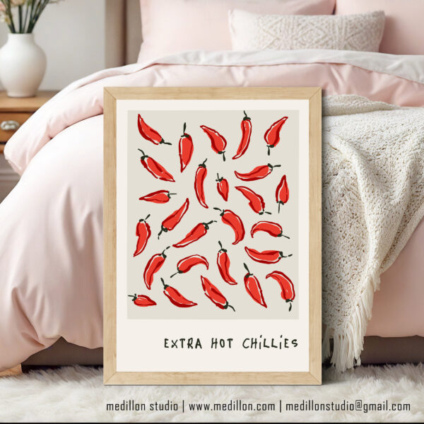 Extra Hot Red Chillies Retro Art Print | Vibrant Kitchen Poster | Bold Mid-Century Print | Gift for Chefs, Foodies and Spice Fans Opt 2 Red