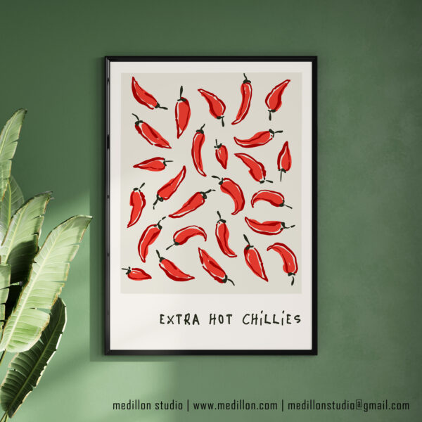 Extra Hot Red Chillies Retro Art Print | Vibrant Kitchen Poster | Bold Mid-Century Print | Gift for Chefs, Foodies and Spice Fans Opt 2 Red - Image 2