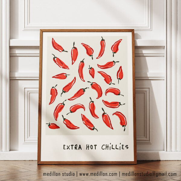 Extra Hot Red Chillies Retro Art Print | Vibrant Kitchen Poster | Bold Mid-Century Print | Gift for Chefs, Foodies and Spice Fans Opt 2 Red - Image 3
