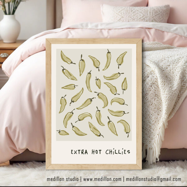 Extra Hot Chillies Retro Art Print | Vibrant Kitchen Poster | Bold Mid-Century Print | Gift for Chefs, Foodies and Spice Fans Opt 2 Green - Image 3