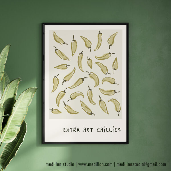 Extra Hot Chillies Retro Art Print | Vibrant Kitchen Poster | Bold Mid-Century Print | Gift for Chefs, Foodies and Spice Fans Opt 2 Green