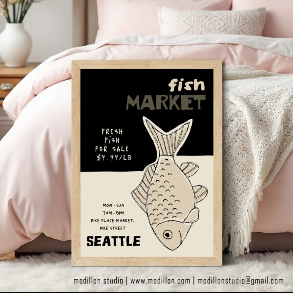 Black Pike Place Seattle Fish Market Poster | Retro Contemporary Wall Art | Vintage Seafood Print | Gift for Fishermen & Seattle Lovers - Image 5