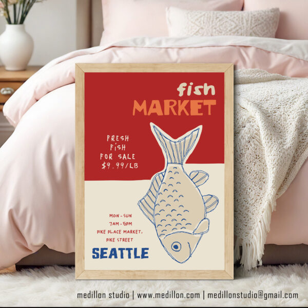 Pike Place Seattle Fish Market Poster | Retro Contemporary Wall Art | Vintage Seafood Print | Gift for Fishermen & Seattle Lovers - Image 5