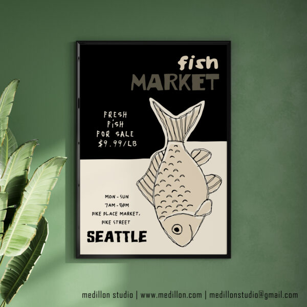 Black Pike Place Seattle Fish Market Poster | Retro Contemporary Wall Art | Vintage Seafood Print | Gift for Fishermen & Seattle Lovers