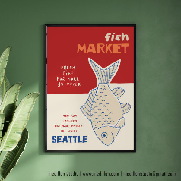 Pike Place Seattle Fish Market Poster | Retro Contemporary Wall Art | Vintage Seafood Print | Gift for Fishermen & Seattle Lovers