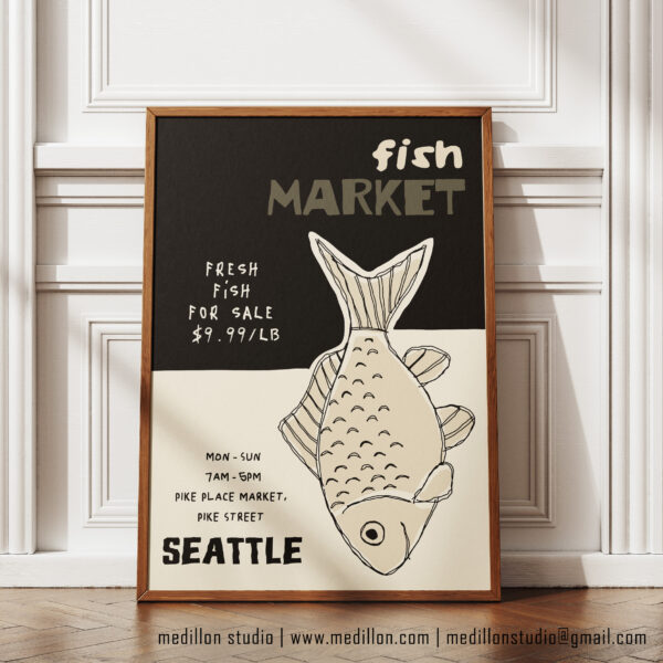Black Pike Place Seattle Fish Market Poster | Retro Contemporary Wall Art | Vintage Seafood Print | Gift for Fishermen & Seattle Lovers - Image 3