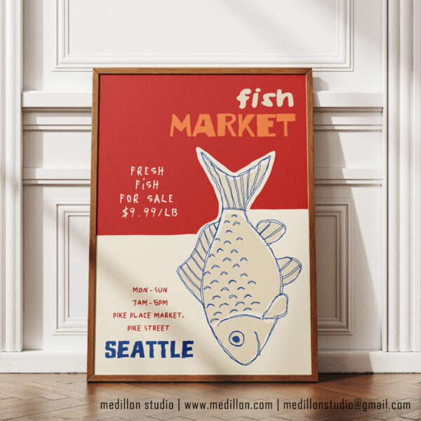Pike Place Seattle Fish Market Poster | Retro Contemporary Wall Art | Vintage Seafood Print | Gift for Fishermen & Seattle Lovers - Image 3