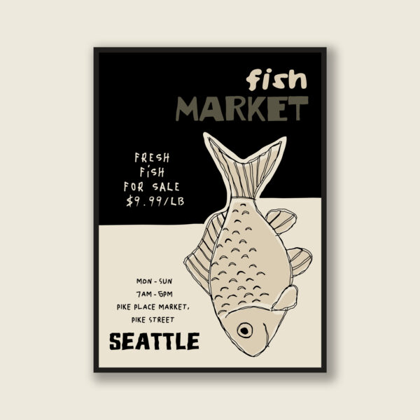 Black Pike Place Seattle Fish Market Poster | Retro Contemporary Wall Art | Vintage Seafood Print | Gift for Fishermen & Seattle Lovers - Image 2