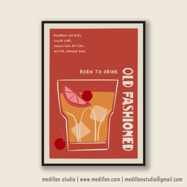 Born to Drink Old Fashioned Print Poster | Funny Cocktail Wall Art | Vintage Bar Decor | Whiskey Lover Gift | Retro Home Bar Poster | Opt 1 - Image 3