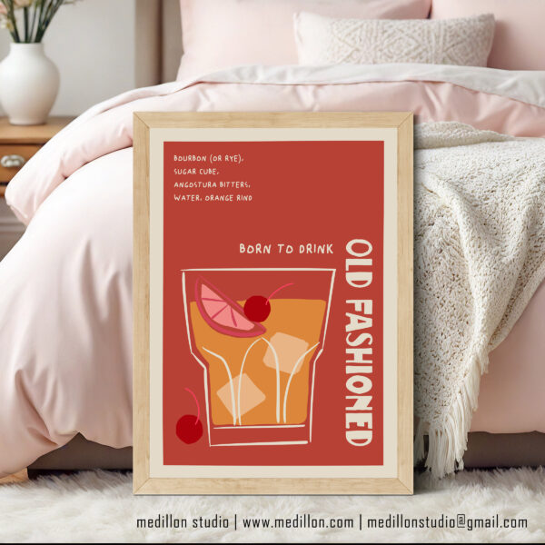 Born to Drink Old Fashioned Print Poster | Funny Cocktail Wall Art | Vintage Bar Decor | Whiskey Lover Gift | Retro Home Bar Poster | Opt 1