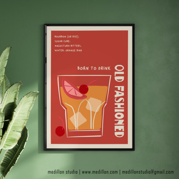 Born to Drink Old Fashioned Print Poster | Funny Cocktail Wall Art | Vintage Bar Decor | Whiskey Lover Gift | Retro Home Bar Poster | Opt 1 - Image 4