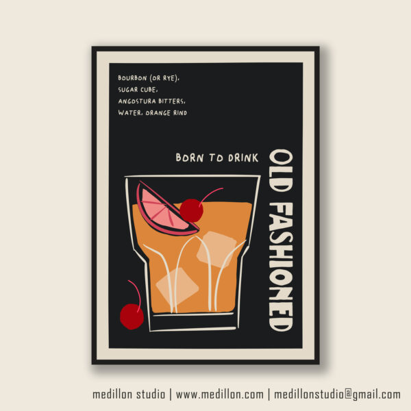 Born to Drink Old Fashioned Print Poster | Funny Cocktail Wall Art | Vintage Bar Decor | Whiskey Lover Gift | Retro Home Bar Poster | Opt 3 - Image 2