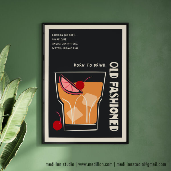 Born to Drink Old Fashioned Print Poster | Funny Cocktail Wall Art | Vintage Bar Decor | Whiskey Lover Gift | Retro Home Bar Poster | Opt 3