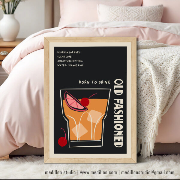 Born to Drink Old Fashioned Print Poster | Funny Cocktail Wall Art | Vintage Bar Decor | Whiskey Lover Gift | Retro Home Bar Poster | Opt 3 - Image 3