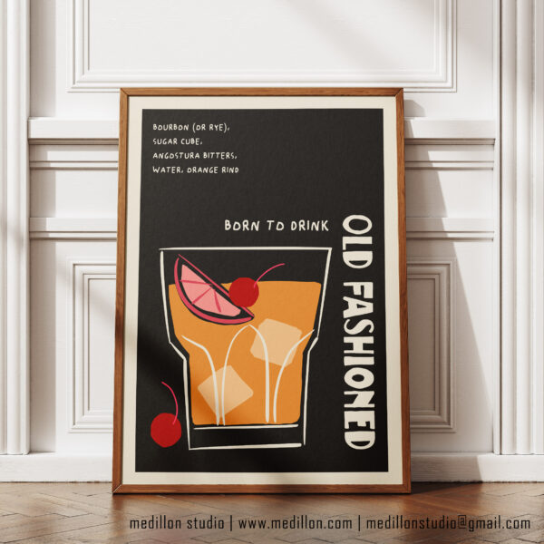 Born to Drink Old Fashioned Print Poster | Funny Cocktail Wall Art | Vintage Bar Decor | Whiskey Lover Gift | Retro Home Bar Poster | Opt 3 - Image 4