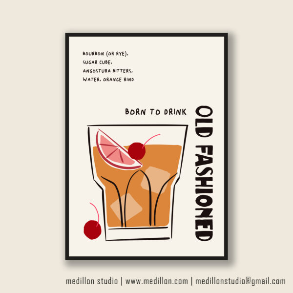 Born to Drink Old Fashioned Print Poster | Funny Cocktail Wall Art | Vintage Bar Decor | Whiskey Lover Gift | Retro Home Bar Poster | Opt 2 - Image 2
