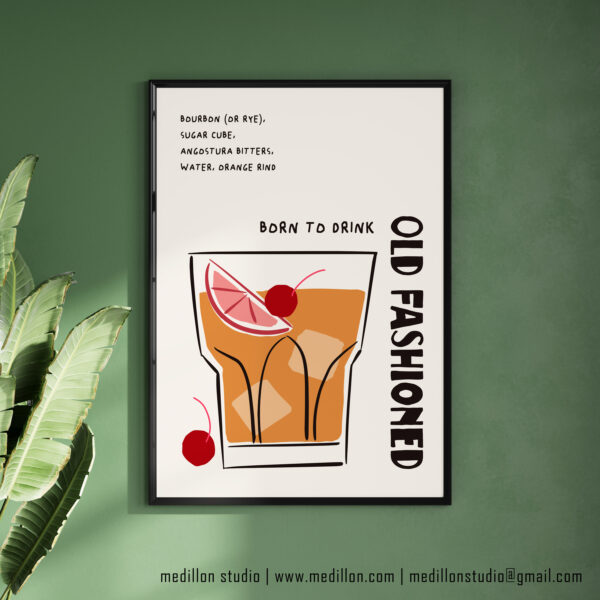 Born to Drink Old Fashioned Print Poster | Funny Cocktail Wall Art | Vintage Bar Decor | Whiskey Lover Gift | Retro Home Bar Poster | Opt 2