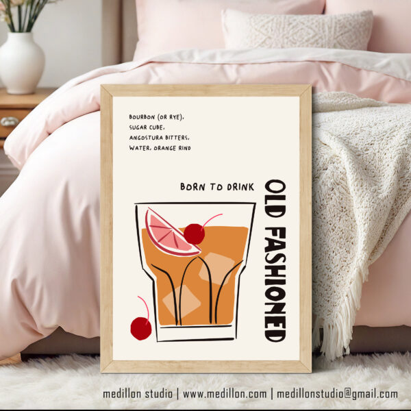Born to Drink Old Fashioned Print Poster | Funny Cocktail Wall Art | Vintage Bar Decor | Whiskey Lover Gift | Retro Home Bar Poster | Opt 2 - Image 4