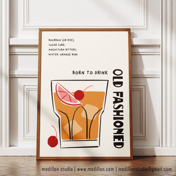 Born to Drink Old Fashioned Print Poster | Funny Cocktail Wall Art | Vintage Bar Decor | Whiskey Lover Gift | Retro Home Bar Poster | Opt 2 - Image 5